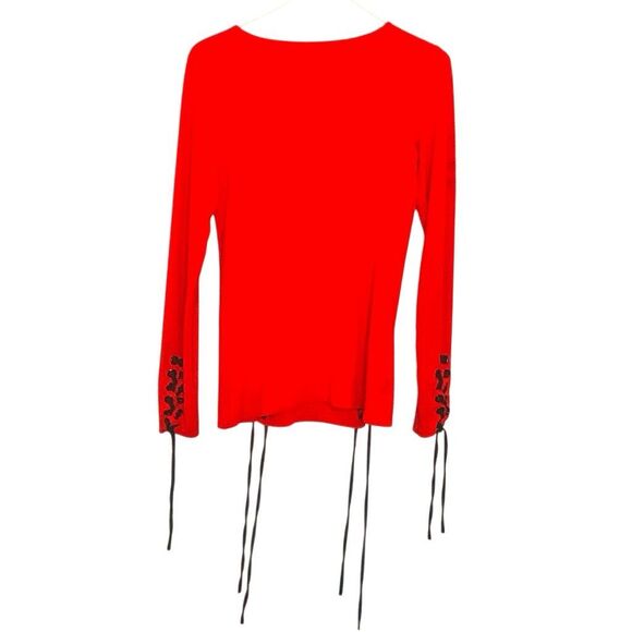 Eva Varro Scoop Neck Long Sleeve Stretch Lace-up Detail Top Red Small - Picture 2 of 6